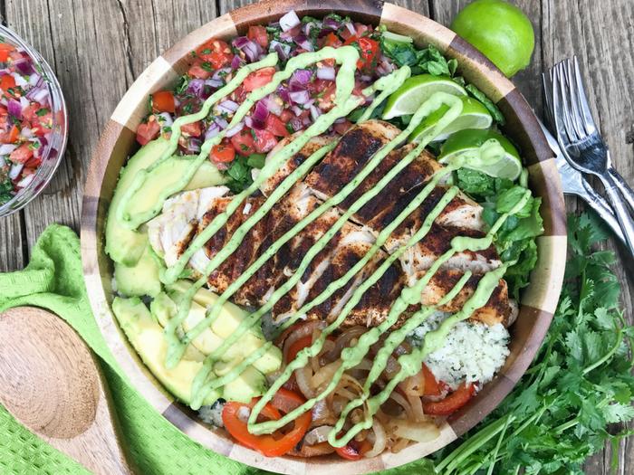 Grilled Chicken Cauli Rice Burrito Bowl by The Whole Cook HORIZONTAL FEATURE UPDATED